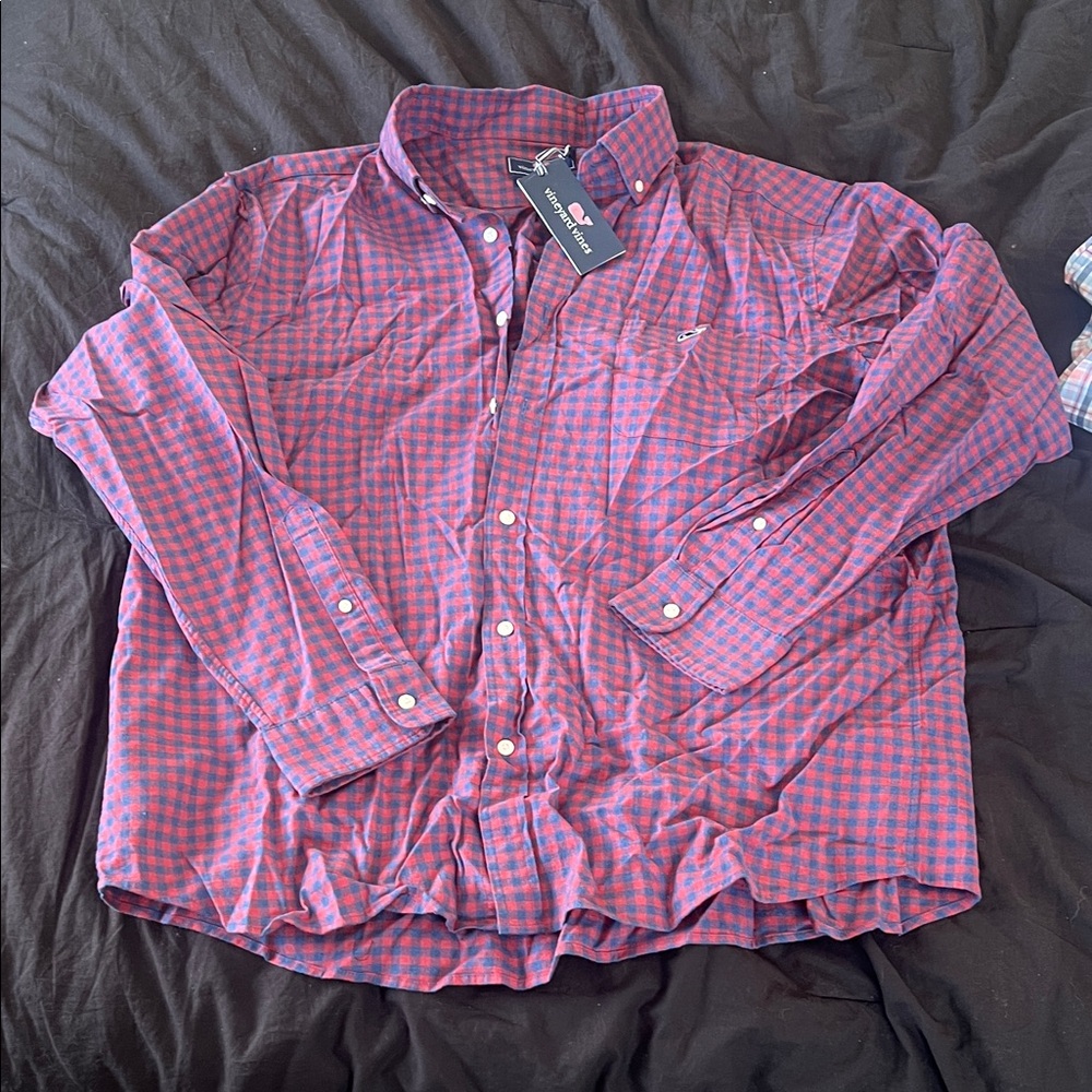 Vineyard Vines Men's Pink and Blue Plaid Shirt
